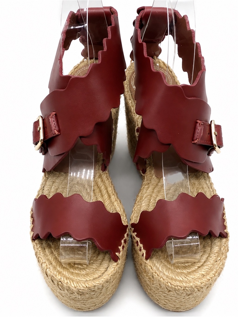 CHLOE’ Lauren Platform Espadrille Wedge Sandals Rust Scalloped Leather Heels - Picture 6 of 10